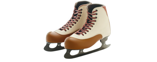 A pair of classic ice skates with a brown boot, red laces, and sharp blades, perfect for figure skating or ice hockey activities.