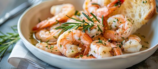 Fine dining restaurant offering a delectable dish of garlic shrimp served with bread beautifully presented in a copy space image