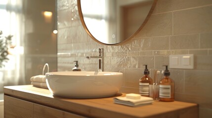 A modern bathroom with a large oval mirror above a wooden vanity. The scene is well-lit and stylish, showcasing contemporary bathroom design.