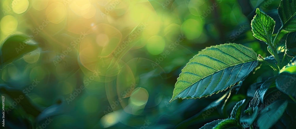 Poster A stunning natural view showcasing a vibrant green leaf against a blurred green backdrop in a garden bathed in sunlight with ample copy space and emphasizing a lush eco friendly setting