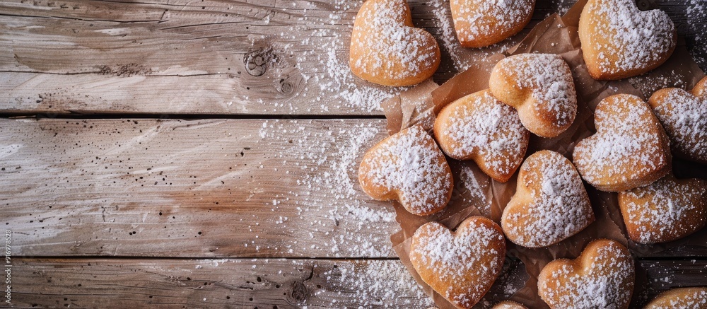 Aufkleber Heart shaped cookies dusted with powdered sugar rest on a wooden table in a top view composition providing ample copy space for additional content
