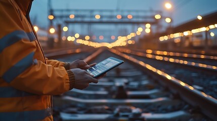 Engineer using tablet checking and analysis data systems electrics of track on railway on networking Modern Industrial and transportation : Generative AI