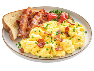 Delicious breakfast plate with scrambled eggs, crispy bacon, toast, and garnish, perfect for a hearty meal.