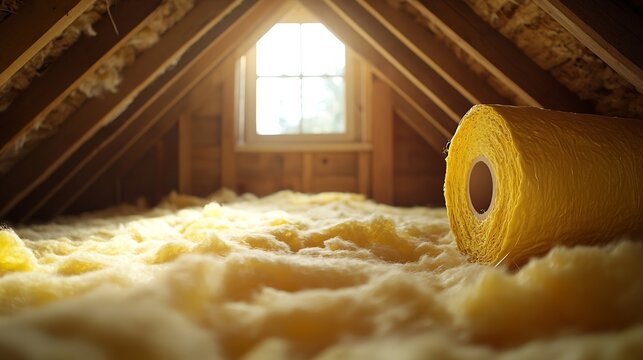 artistic blurring and selective focus of the boards on the background of a yellow roll of insulation in the attic of a wooden house : Generative AI