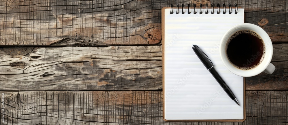 Poster Top view of a notepad pen and coffee on a wooden table in a retro style with a blank space for an image. Creative banner. Copyspace image