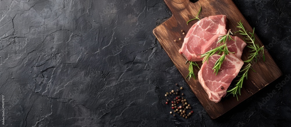 Poster Raw pork with rosemary on a cutting board against a dark background in a top down view perfect for adding recipe text in the copy space image