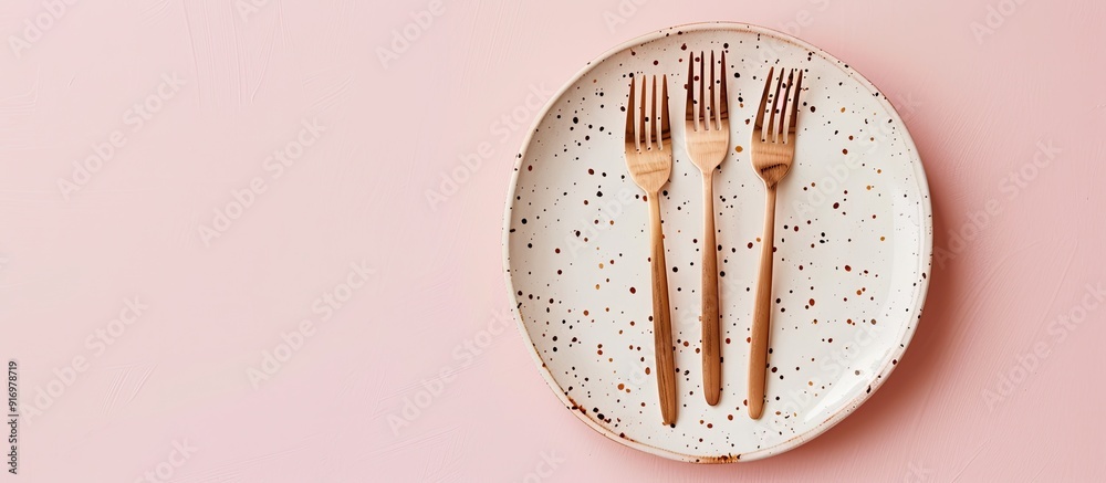 Poster rose gold dessert forks on an off white plate with speckles placed on a light pink surface in a flat