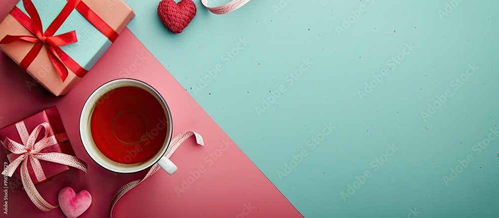 Aufkleber valentine s day gifts and a cup of tea on a colored background with room for text making it a copy s