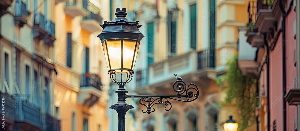 Poster european architecture provides the backdrop for a vintage lamp showcased on the street offering an a