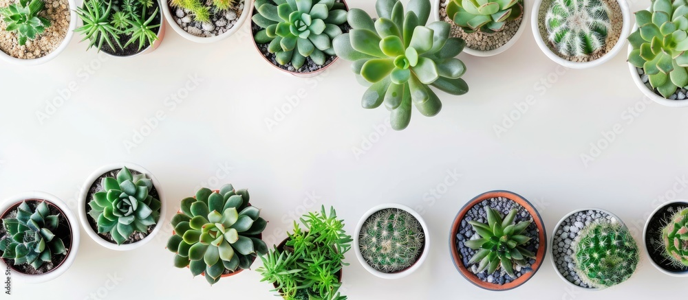 Aufkleber home garden with a collection of cactus and succulent plants in paper cups top view flat lay with em