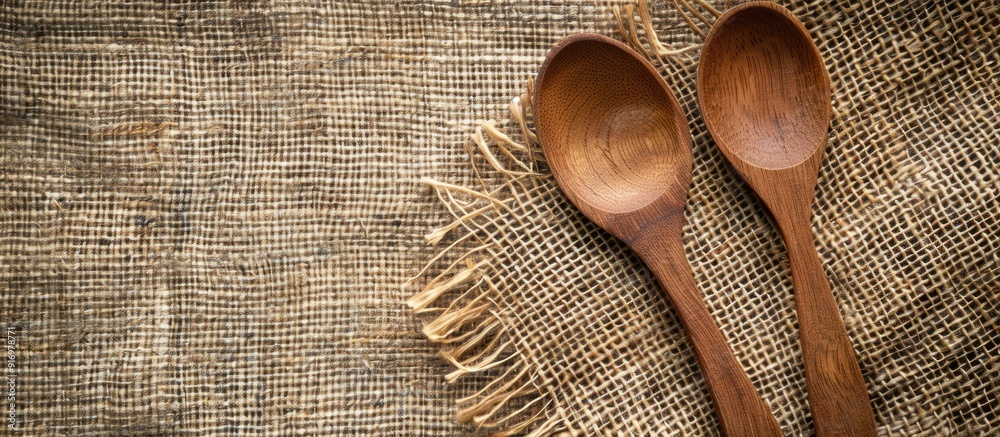 Leinwandbilder view from above of a wooden spoon and fork on a burlap surface with copy space image