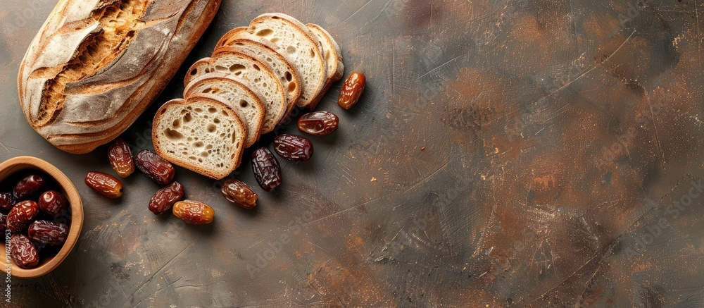 Poster Freshly sliced bread with dates arranged from a top view providing ample copy space image