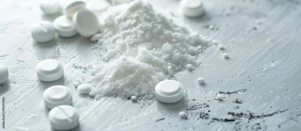 Poster drug poured on a white surface in a photo with ample copy space image
