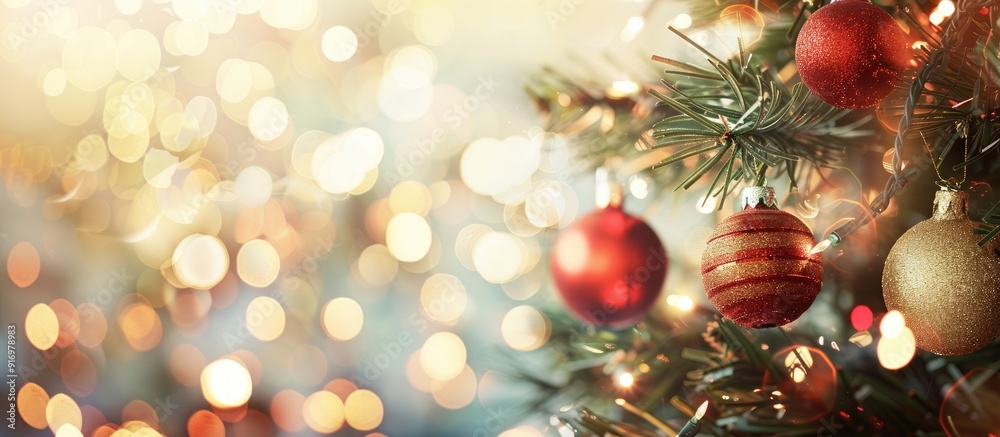 Poster festive christmas decorations adorn the tree with a selective focus creating a joyful holiday ambian