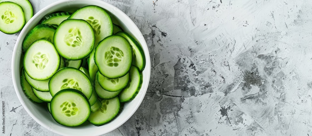Aufkleber White bowl filled with cucumber slices against a copy space image