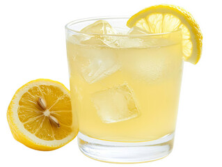 Refreshing glass of lemonade with ice cubes and lemon slice on the rim, perfect for a summer drink.