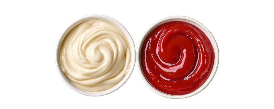 Top view of bowls with creamy mayonnaise and ketchup isolated on white background, perfect for food and cooking concepts.