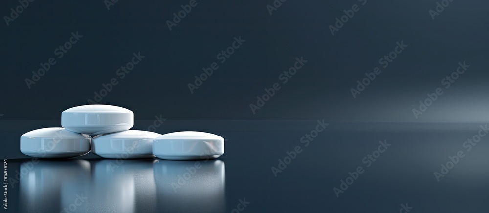Poster White pills stacked neatly on a glossy black blue surface with copy space image