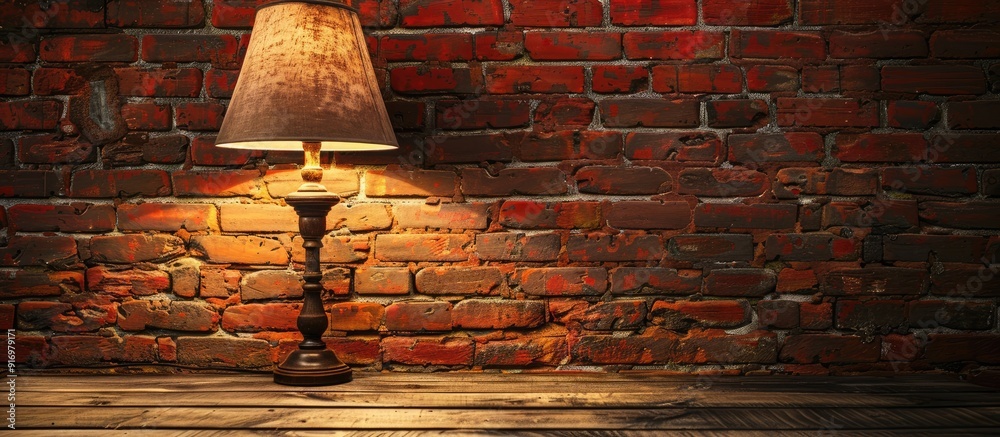 Aufkleber Interior setting featuring an old lamp with a lampshade on a table set against a red brick wall background creating a suitable copy space image