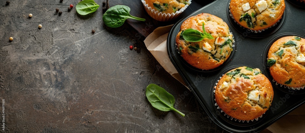 Poster Muffins with spinach and feta just out of the oven displayed in a baking tin with available copy space image