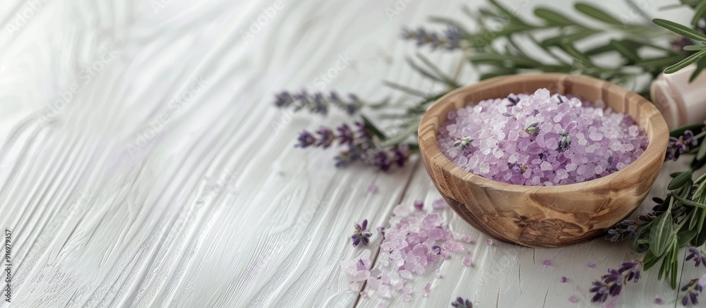 Wall mural White wood table with beauty product samples and bath salt featuring fresh lavender and evergreen leaves creating a serene copy space image