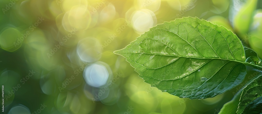 Poster Fresh green leaf on a blurred natural background with copy space image for text placement