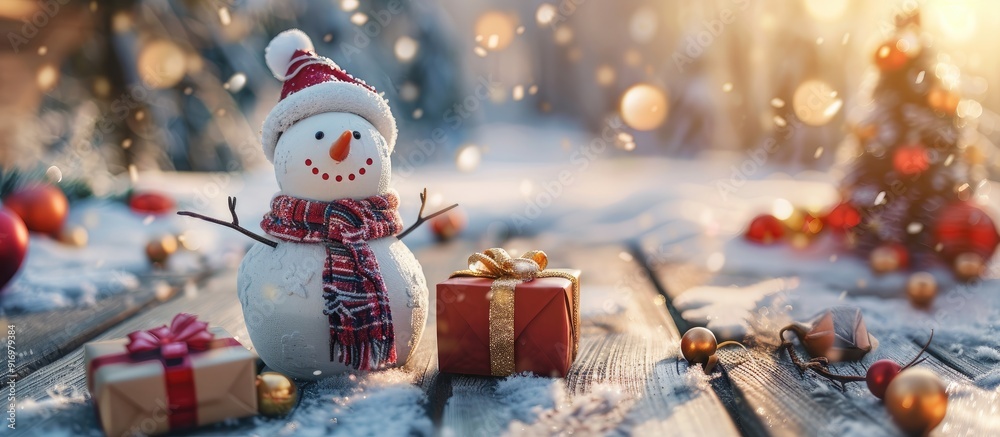 Leinwandbilder Festive Merry Christmas setting with a charming snowman in festive attire and gift boxes on a rustic outdoor table featuring a blank area for additional content suitable for displaying images
