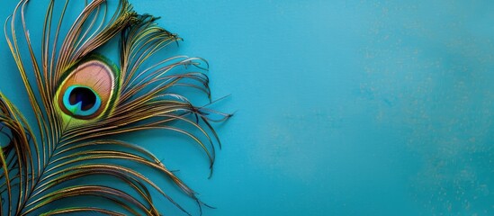 Copy space image of a peacock feather against a blue backdrop