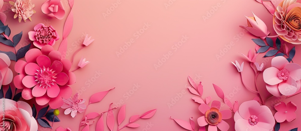 Poster a pink backdrop decorated with vibrant flowers and a frame for text ideal for spring women s day or 