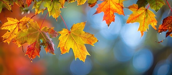 Obraz premium Maple leaves in a vibrant fall display with copy space image