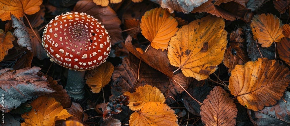 Aufkleber fall leaves encircle a mushroom on the ground creating a picturesque scene with copy space image
