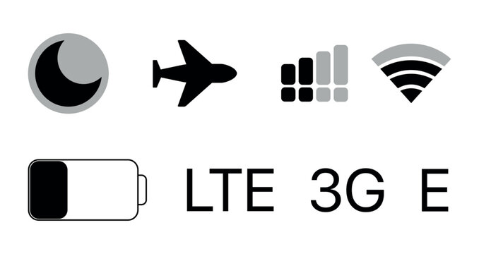 Mobile phone signal, wi-fi, battery, connection, flight mode, sleep mode icon. Status bar symbol modern, simple, vector, icon for website design, mobile app, ui. Vector Illustration
