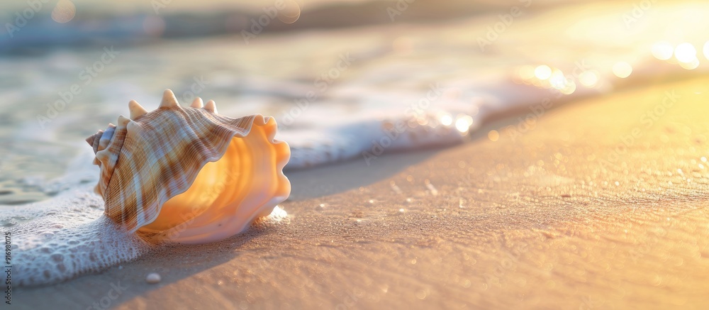 Aufkleber Seashell on sandy beach with copy space image