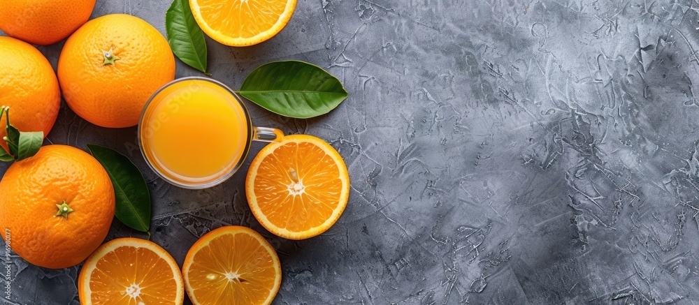 Poster Overhead view of fresh oranges on a gray background with a glass of orange juice allowing for copy space image