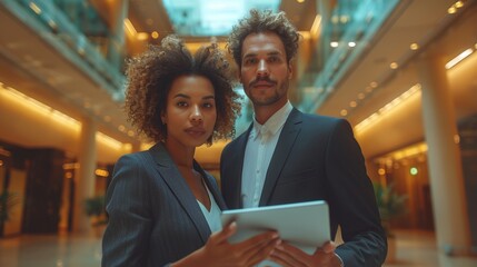 Confident young businesspeople using a digital tablet in a modern office environment