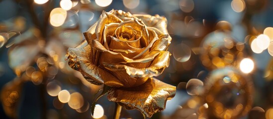Flower shop decor featuring a gold rose metallized antique concept symbolizing luxury and richness with a copy space image