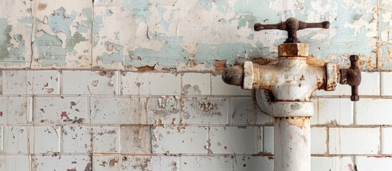 A rusty water pipe stands on a white urinal providing copy space for text