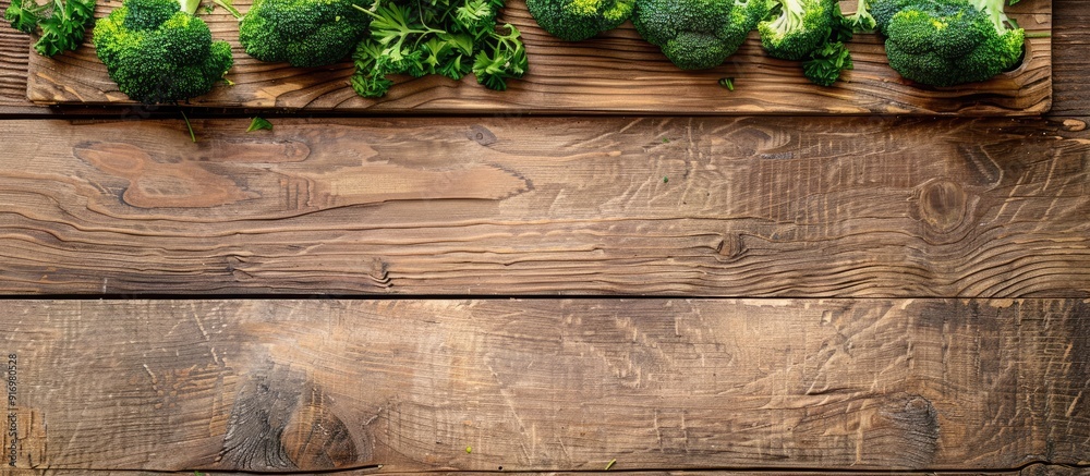 Poster Top view of organic broccoli florets on a wooden board with copy space image for added text or elements