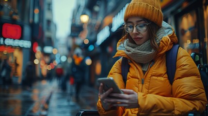 Obraz premium Young woman with disability using smartphone in city street wearing winter clothing
