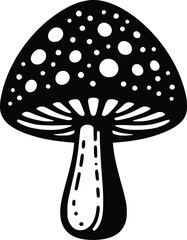 Set of different mushroom silhouettes, graphic drawing with lines, black and white cut truffle, porcini mushroom, shiitake, and chanterelles isolated. Vector illustration silhouette