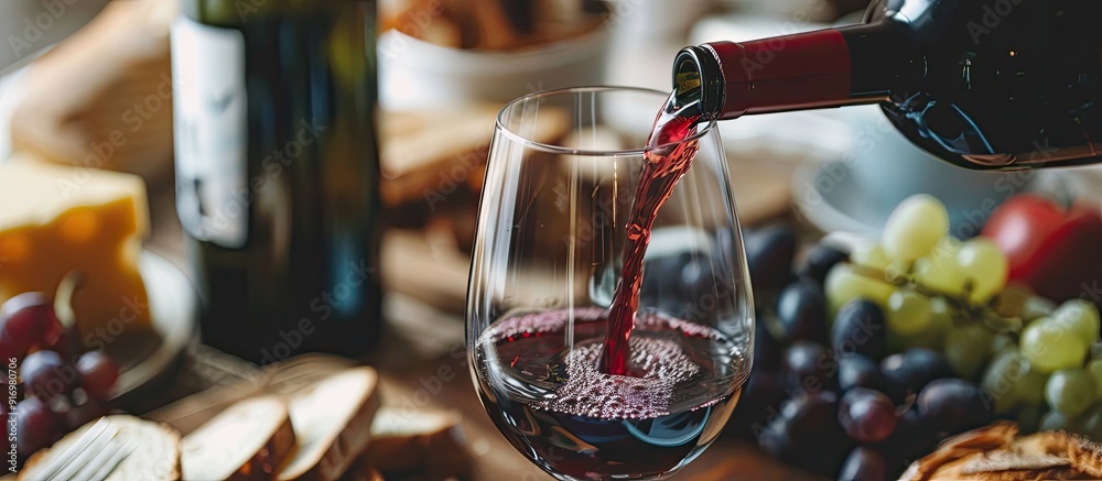 Poster selective focus on red wine being poured into a glass at a tasting event with cheese bread grapes an