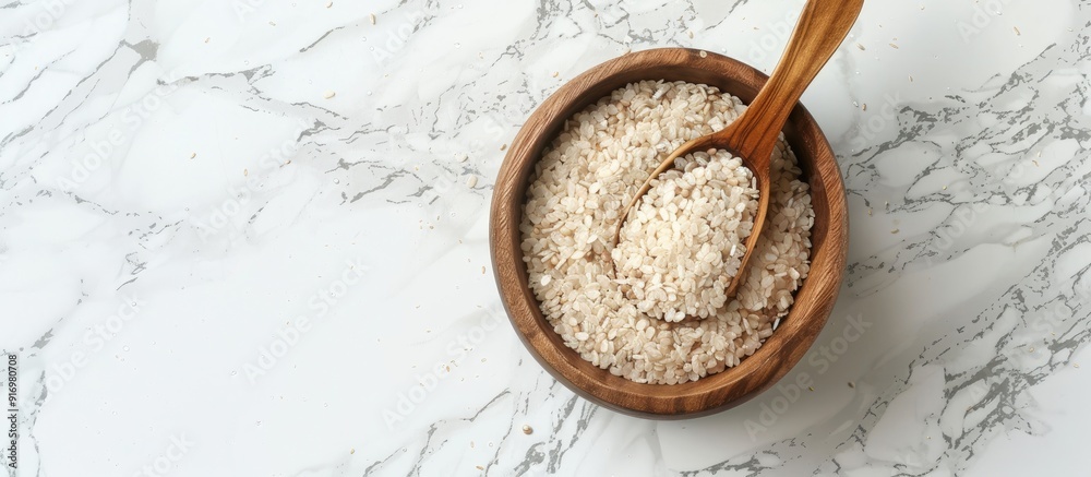 Poster copy space image of a wooden bowl with a spoon filled with psyllium husk resting on a white marble t