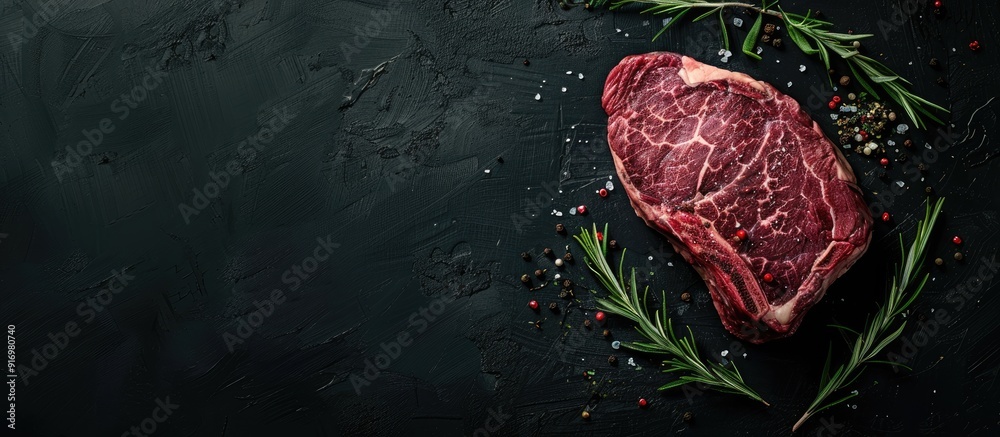 Canvas Prints raw beef meat with herbs like dry aged cowboy or rib eye steak showcased on a black background in a 