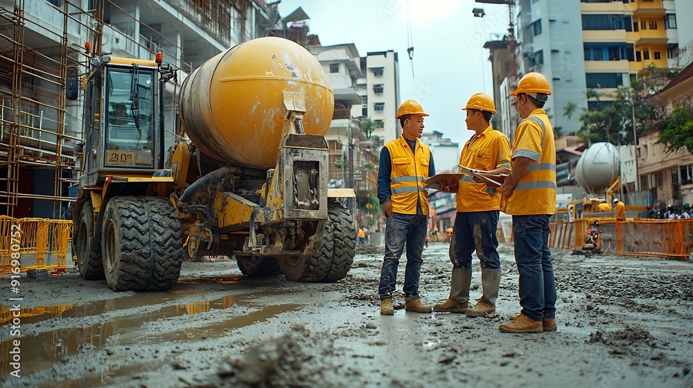 Aufkleber foreman and workers team meeting for planning project at construction site site manager and builder 