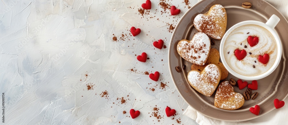 Aufkleber valentine s day spread featuring cappuccino heart shaped cookies and copy space image for customizat