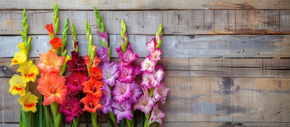 Poster vibrant gladioli arranged on a wooden backdrop with a decorative border above creating a postcard id
