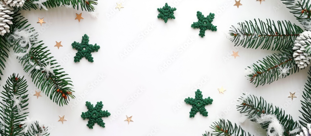 Poster scandinavian handmade christmas composition featuring crocheted green snowflakes and stars on a whit