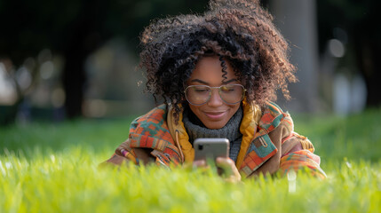 Young African American student with curly hair enjoying a sunny day in the park using her smartphone