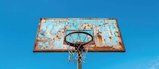 A rusty basketball hoop outdoors under a clear blue sky with no net and a blank area for text or copy space image on the side