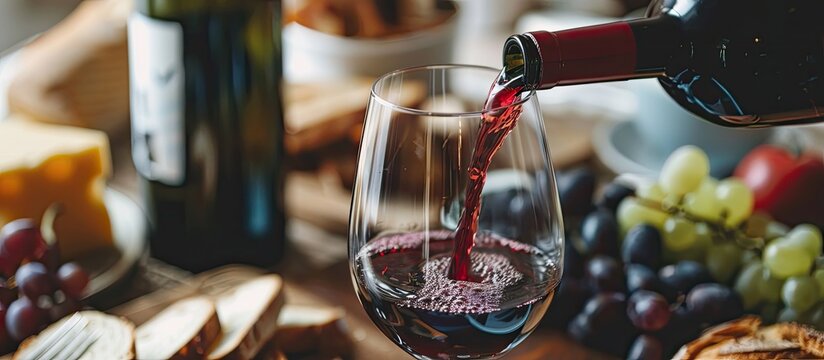Selective focus on red wine being poured into a glass at a tasting event with cheese bread grapes and ample copy space image